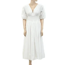 Love The Label Anthropologie Solid Smocked Midi White Cotton Dress XS New 259228