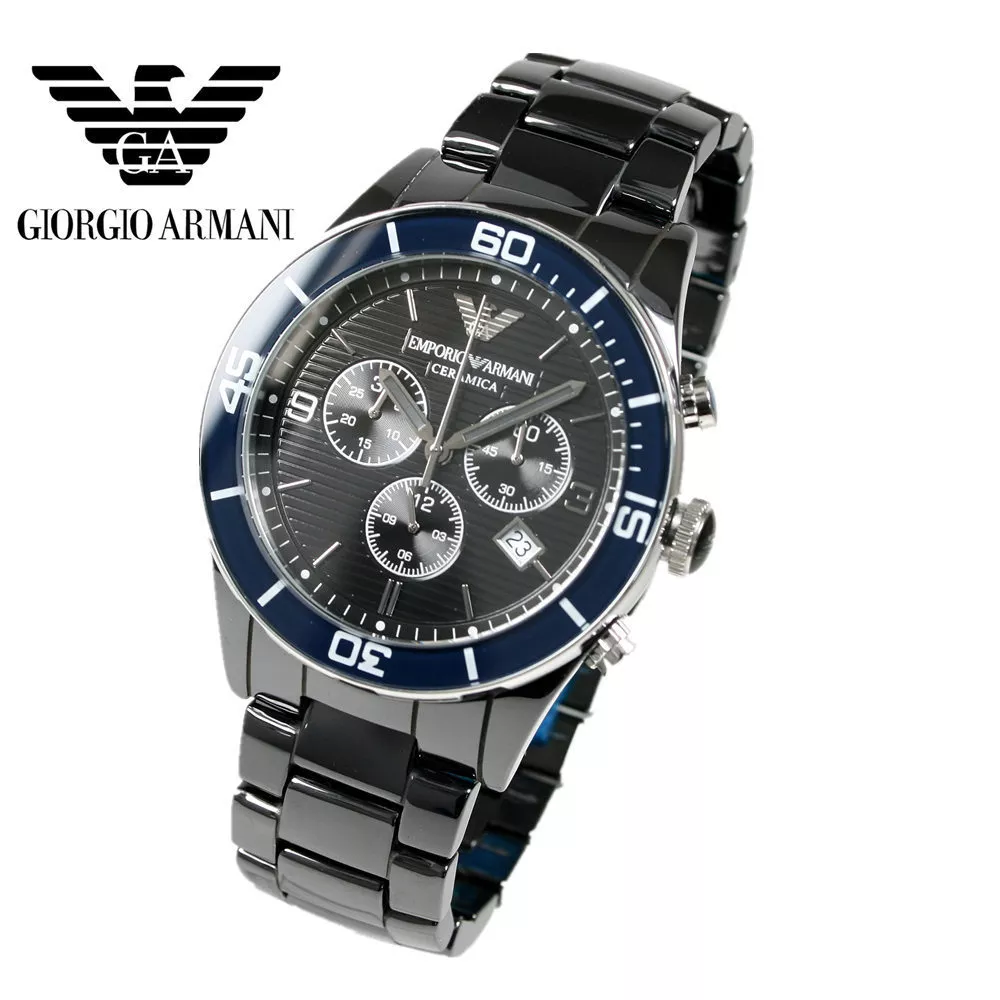NEW EMPORIO ARMANI BLACK CERAMIC BLUE BEZEL CHRONOGRAPH BRACELET WATCH AR1429