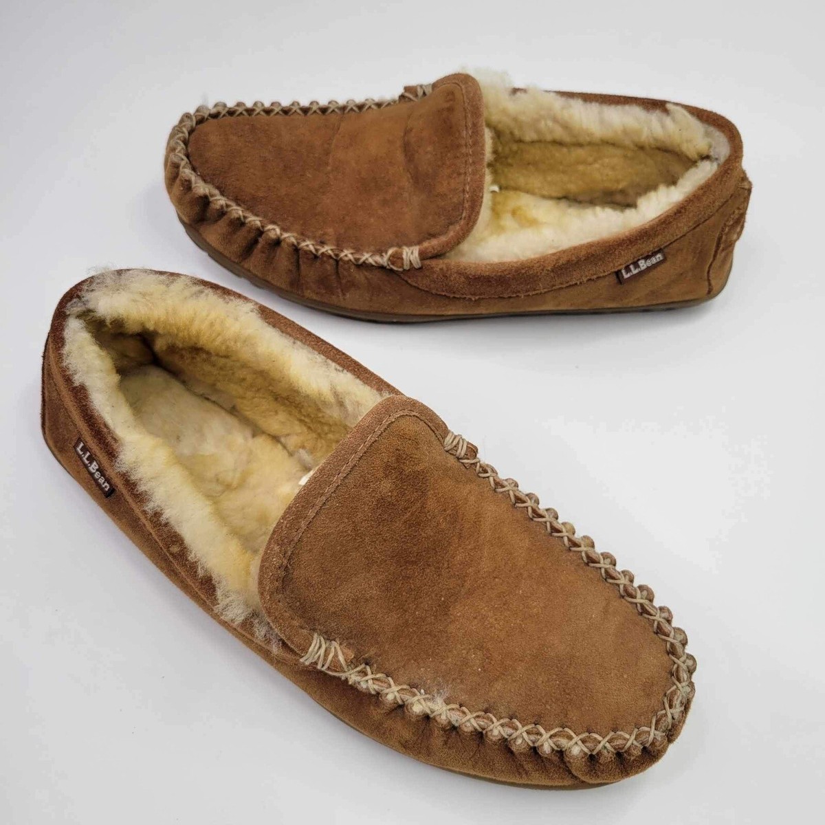 LL BEAN Wicked Good Men's Brown Suede Shearling Lined Moccasin Slippers  Size M