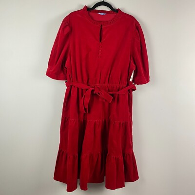 Draper James RSVP Red Corduroy Ruffle Dress Size XXL Belted Puff Sleeve Stretch