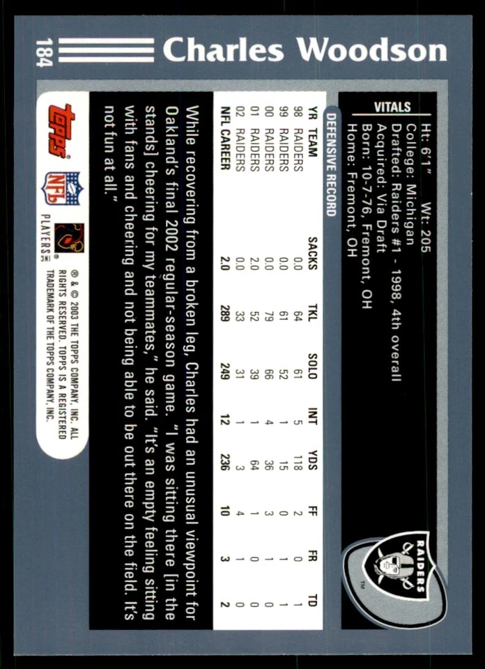 2003 Topps Charles Woodson Oakland Raiders #184 - Image 2 of 2