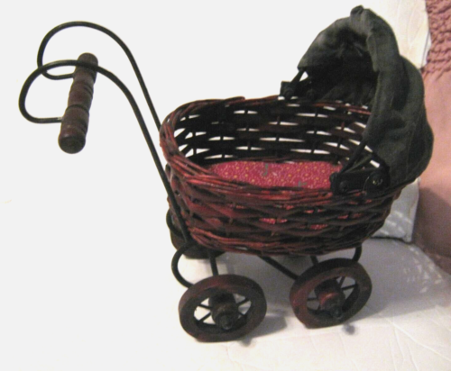 Wicker Wood Metal Baby Doll Buggy Carriage Toy 7 1/2" Tall 8" Long - Picture 1 of 6