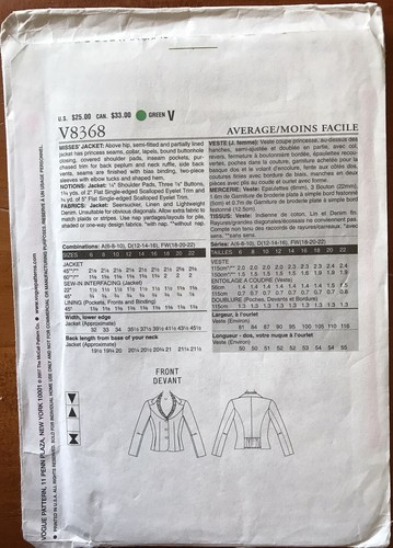 Vogue Sewing Pattern V8368 Jacket Sizes 18-22 New - Picture 2 of 2
