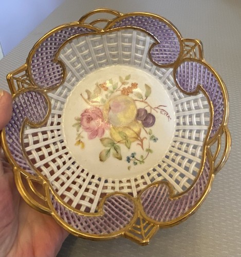 "Ciotola floreale vintage in pizzo viola reticolato oro singhiozzata dipinta a mano 7" - Foto 6 di 12