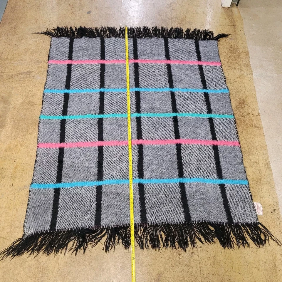 Biederlack Throw Blanket Grid Pattern Fringe Gray Black Blue Pink 58x44.5 - Image 2 of 4