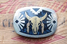 Vintage Hand Made Bull Buffalo Skull Inlay Western Belt Buckle