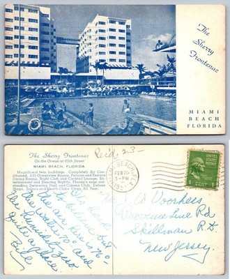 Vintage Sherry Frontenac Hotel Miami Beach Florida Postcard 1951 Pool View