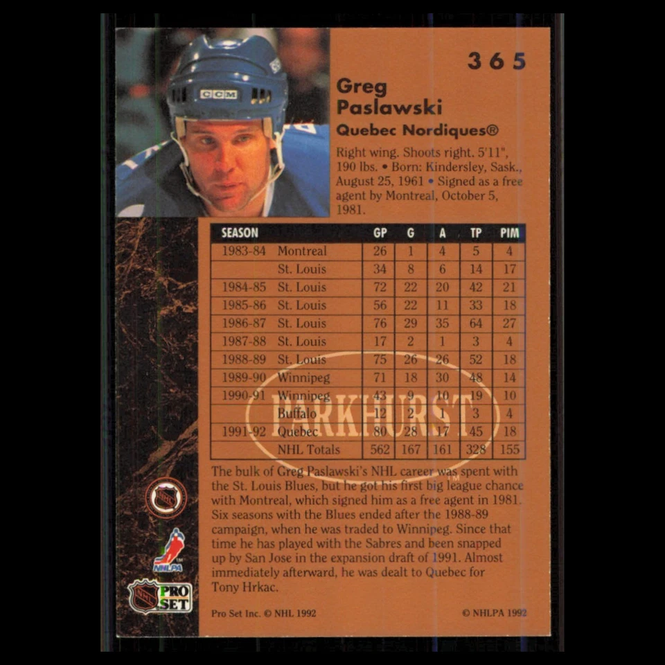 Greg Paslawski #365 1991 Parkhurst Quebec Nordiques Hockey Card NHL NM - Image 2 of 3