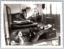 Vtg B&W Snapshot Man Relaxing On Cot In Barracks 1950s