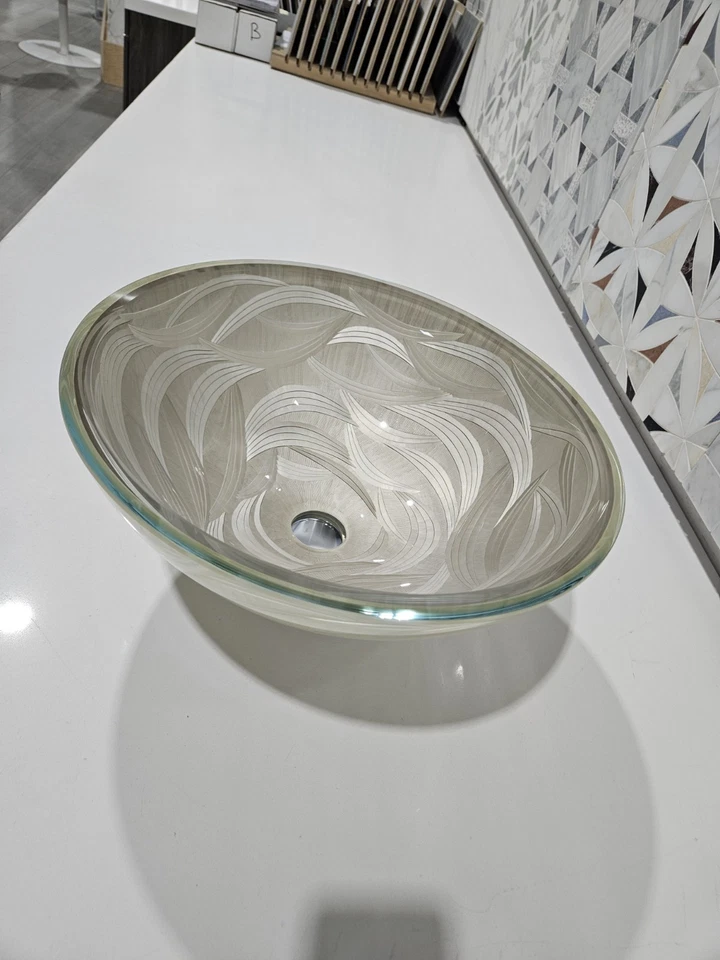 Recipiente de vidrio transparente lavabo de baño cuenco redondo borde verde con grifo y desagüe Foto 3 de 4