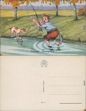 Ansichtskarte  Scherzkarte - Fisch beißt Angler in den Po 1956
