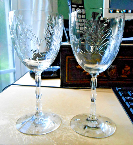 RARE Two Fostoria Rock Garden Water Goblets Cut 739 Stem 6012 C.1934-43