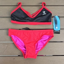 TYR Womens Durafast Red/black Ringback Workout Bikini Set S NEW 