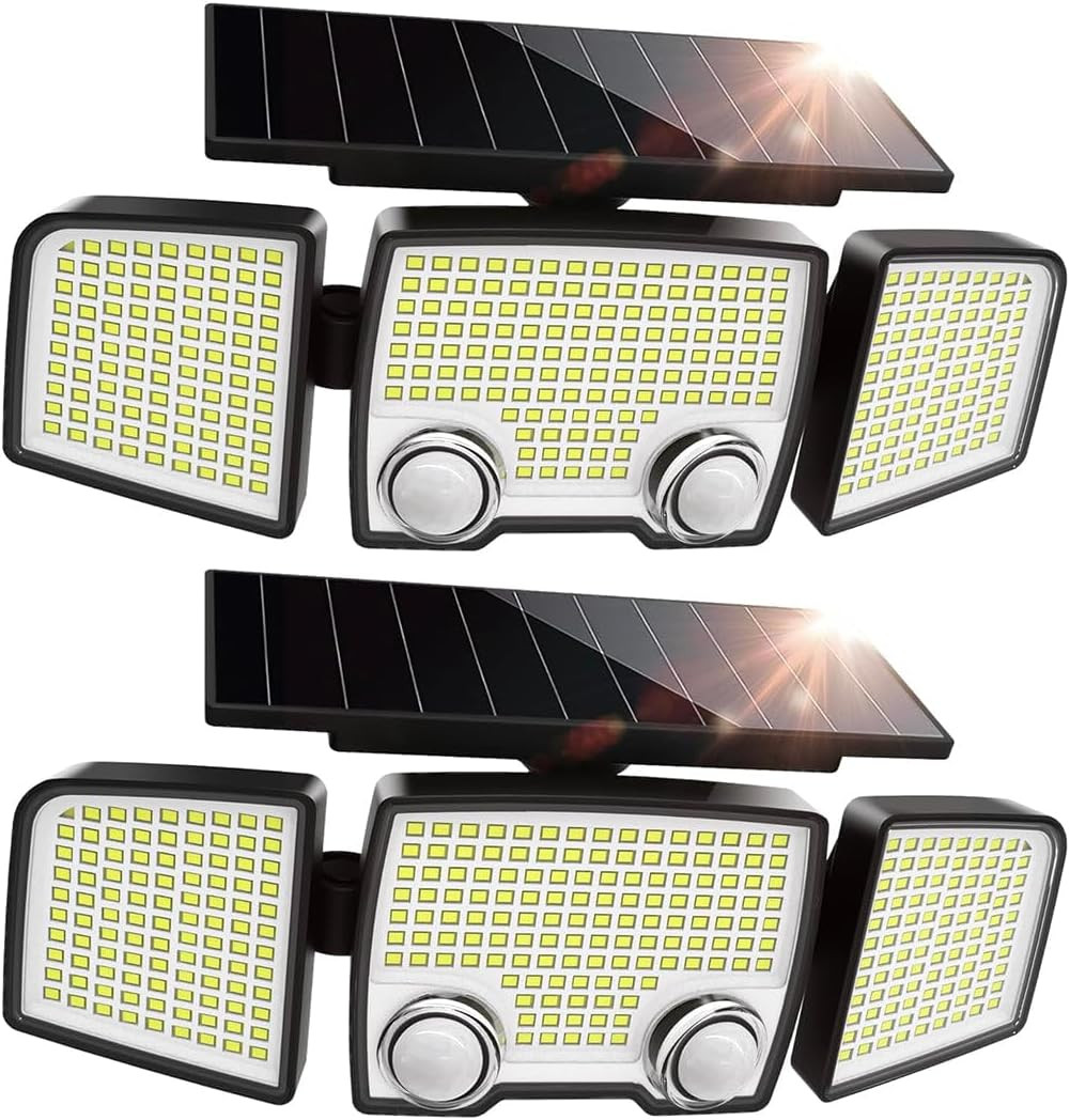 Set 2 Faretti Solari 3 Teste RAYLITE: Luce LED Esterno con Sensore 332 LED