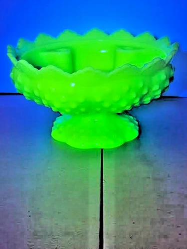 Vintage Fenton Bowl Uranium Vaseline Glass Custard Hobnail 6 Candle Holder