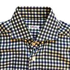 KITON Button Down Sport Shirt Mens 40 16 Blue Check Cotton Long Sleeve Classic