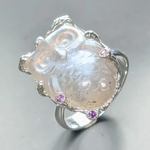 Carving 23 ct+ Natural Labradorite Ring 925 Sterling Silver Size 8.75 /R455946