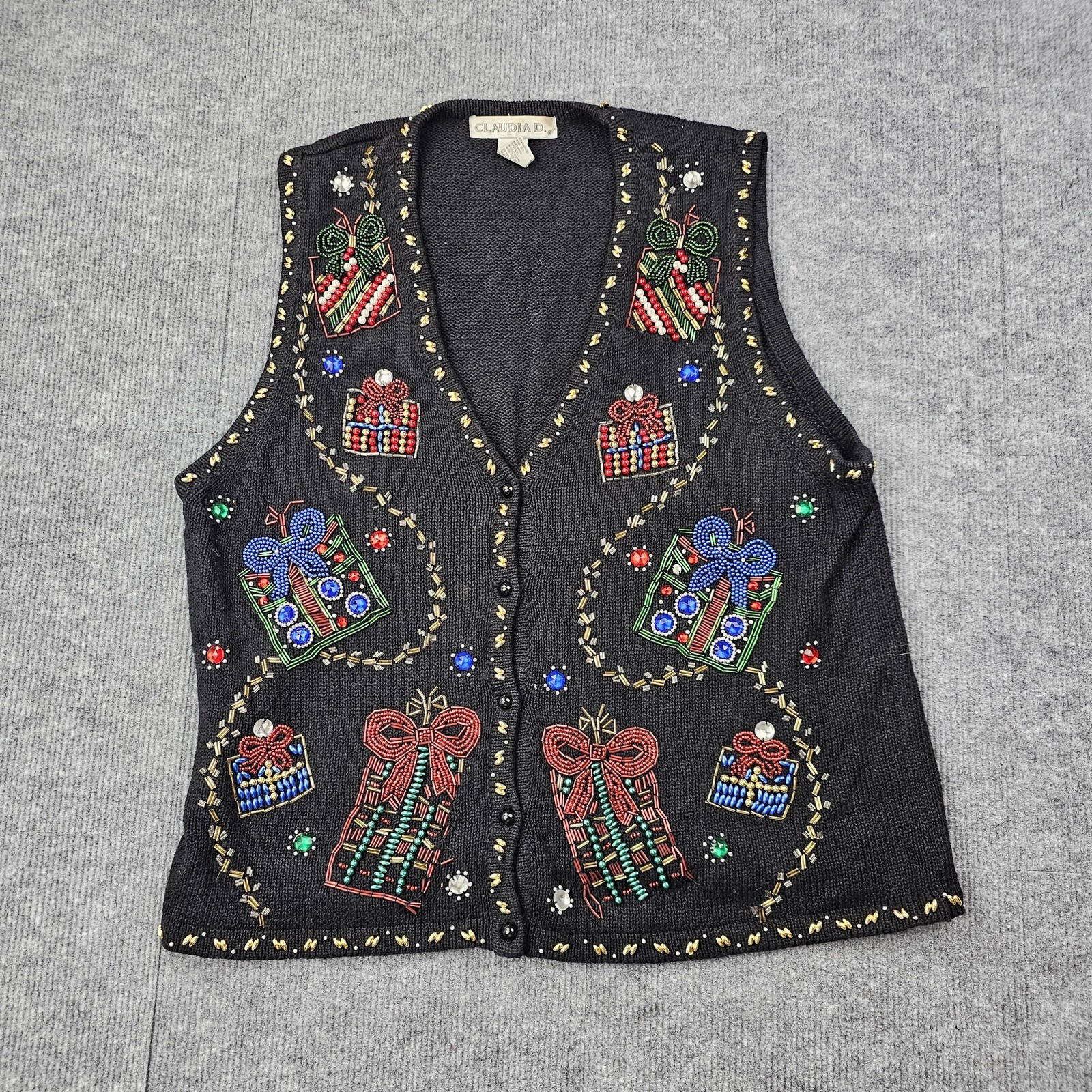 Vintage Claudia D Sweater Vest Womens Large Beaded 90s Presents Novelty Xmas