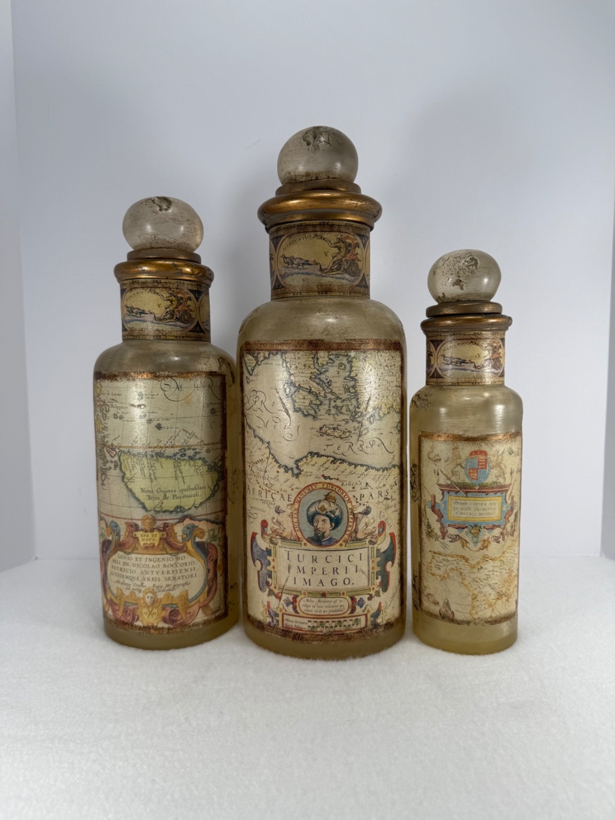 Set of 3 Uttermost Turkish Empire Bottles w/Stoppers Resin Decor #19221