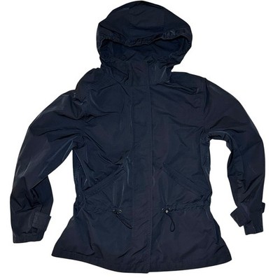 Coach Stadium Hooded Rain Coat Jacket Leather Trim Women s Small Navy
