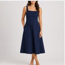 Quince Stretch Cotton Poplin Fit & Flare Midi Dress Deep Navy Blue Large Euro