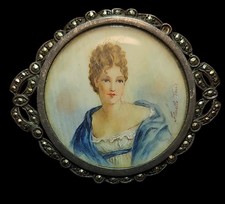 Antique Hand Painted Portrait Brooch Silver Marcasite Signed Miniature
