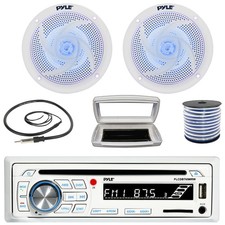 Pyle 1-DIN Marine CD Radio W/White Cover, 2x 4" 100W Max Power Blue LED Speakers