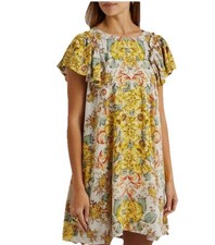 Free People Yara Floral Ivory Yellow Combo Flowy Flutter Sleeves Mini Dress S
