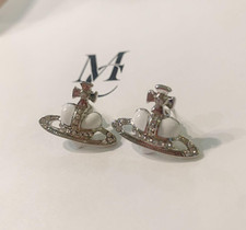 Vivienne Westwood DIAMANTE HEART ORB Pierced Earrings White Silver Excellent-