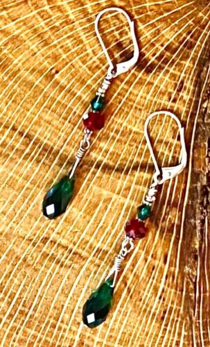 Red & green crystal sterling drop earrings with sterling silver leverbacks - Picture 1 of 2
