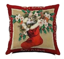 Kitty Cat Christmas Stocking Linen Throw Pillow Cover 18x18 Winter Holiday Decor