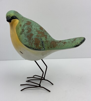 Decorative Ceramic 8'' Green Yellow Bird Figurine Brown Metal Feet Mask Rustic