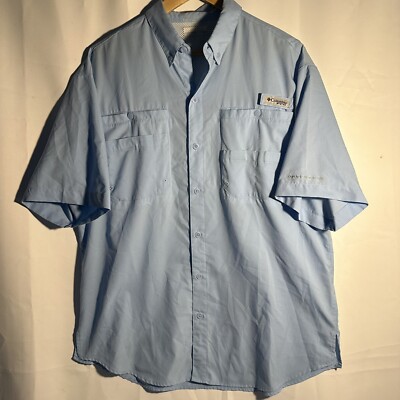 Columbia PFG Mens Button Down Shirt Summit Group Short Sleeve Sky Blue SZ Large