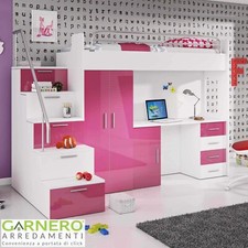 Letto a soppalco con armadio 254x120cm bianco rosa cameretta SIMONE GIHOME ®