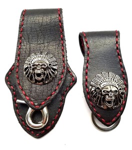 Biker-Skull-Trucker-red-Stitch-black-Leather-Belt-Clip-Key-chain-Holder-Set