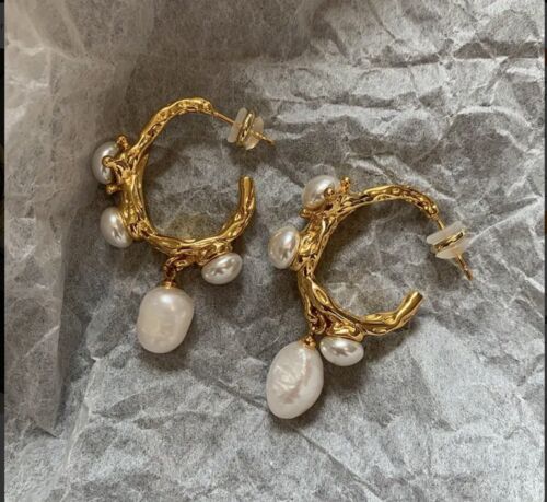Anthropologie Pearl Earrings Hoop Geo Gold Dangle Stud Irregular C-shape
