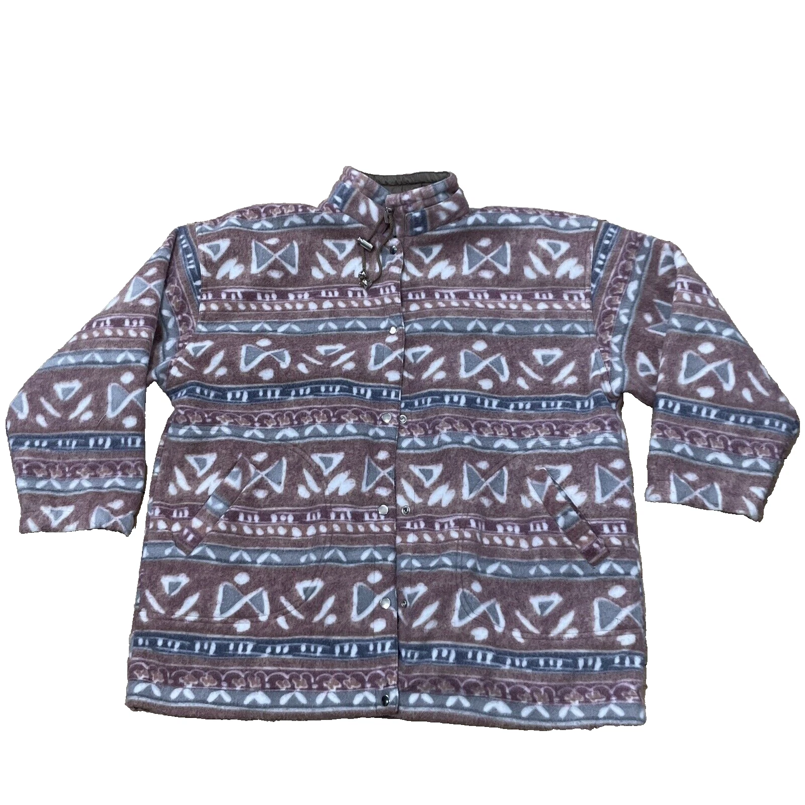 Tribal Print Fleece Jacket Adult L Pink Boho Beach Hippie DeepPile Snap Coat 54”