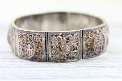 Antique Chinese Export Sterling Silver 925 Panel Bracelet Bamboo Flower 6.5''