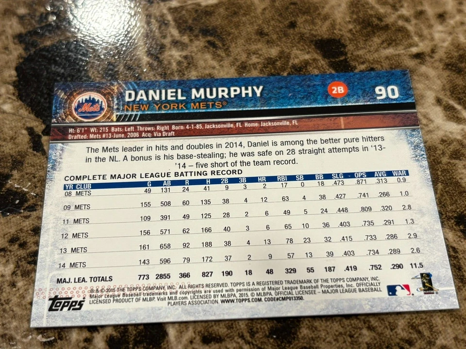 DANIEL MURPHY 2015 Topps Opening Day Blue #90 Mets - Image 2 of 2