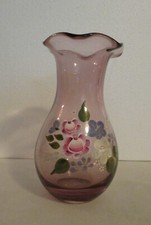 Fenton Glass 8" Ruffled Amethyst Purple Vase with Hand Painted Flowers No Tag 