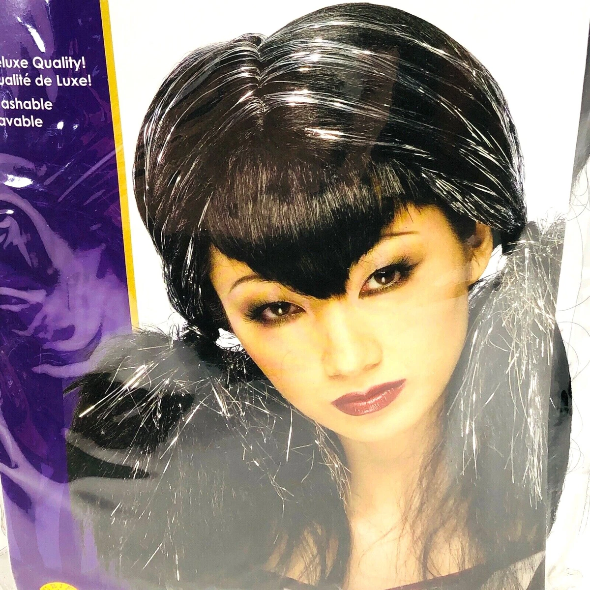 Rubies Dark Angel Wig Black Hair with Silver Tinsel Streaks Adult
