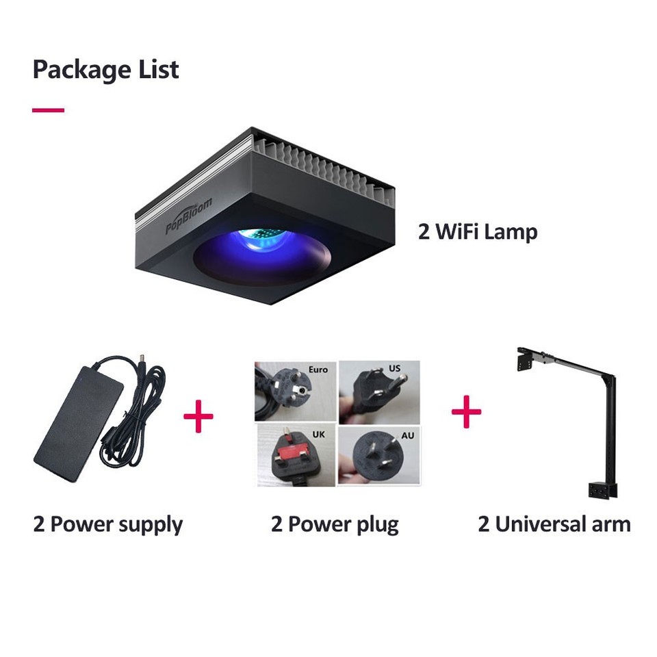 PopBloom RL90 WiFi Led Aquarium Beleuchtung 200W, APP Control Meerwasser Aquarium Led Volles Spectrum Aquarium Lampe mit Timer für Reef Coral SPS/LPS Fischaquarium (2 Lampen mit Montagearm-kit
