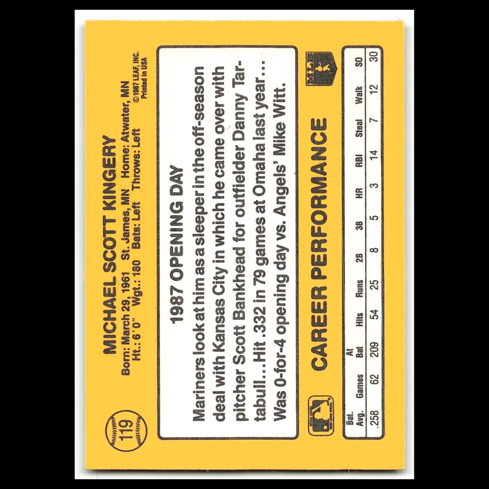 Mike Kingery #119 1987 Donruss Opening Day Seattle Mariners Baseball Card MLB NM - Image 2 of 3