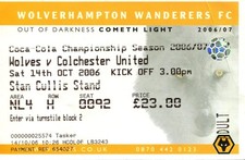 Wolverhampton Wanderers v Colchester United 14/10/06 Championship Ticket