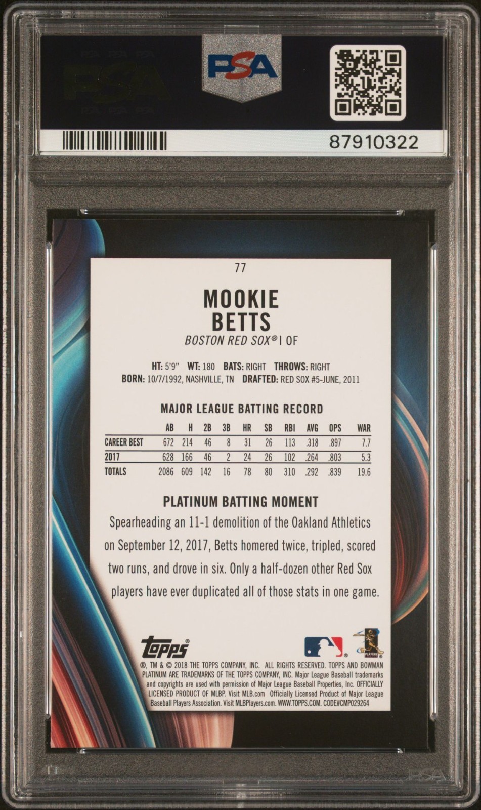 2018 Bowman Platinum #77 Mookie Betts - PSA 10 view 2