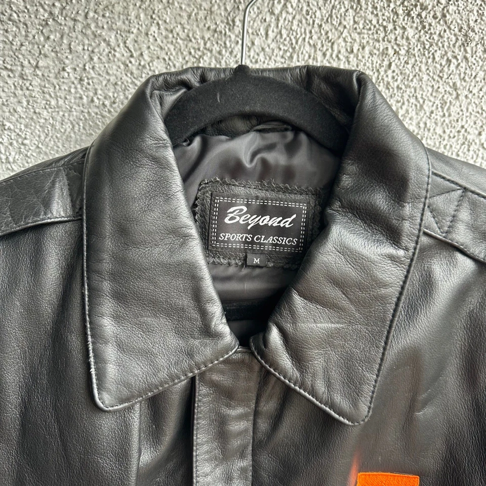 Beyond Sports Classics Mens Black Leather Bomber Jacket JBL Logo Size Medium - Image 3 of 4
