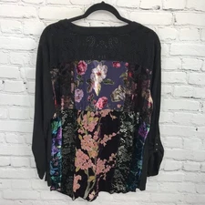 John Mark Top Womens 1X Black Sheer Floral V-Neck Long Sleeve Blouse
