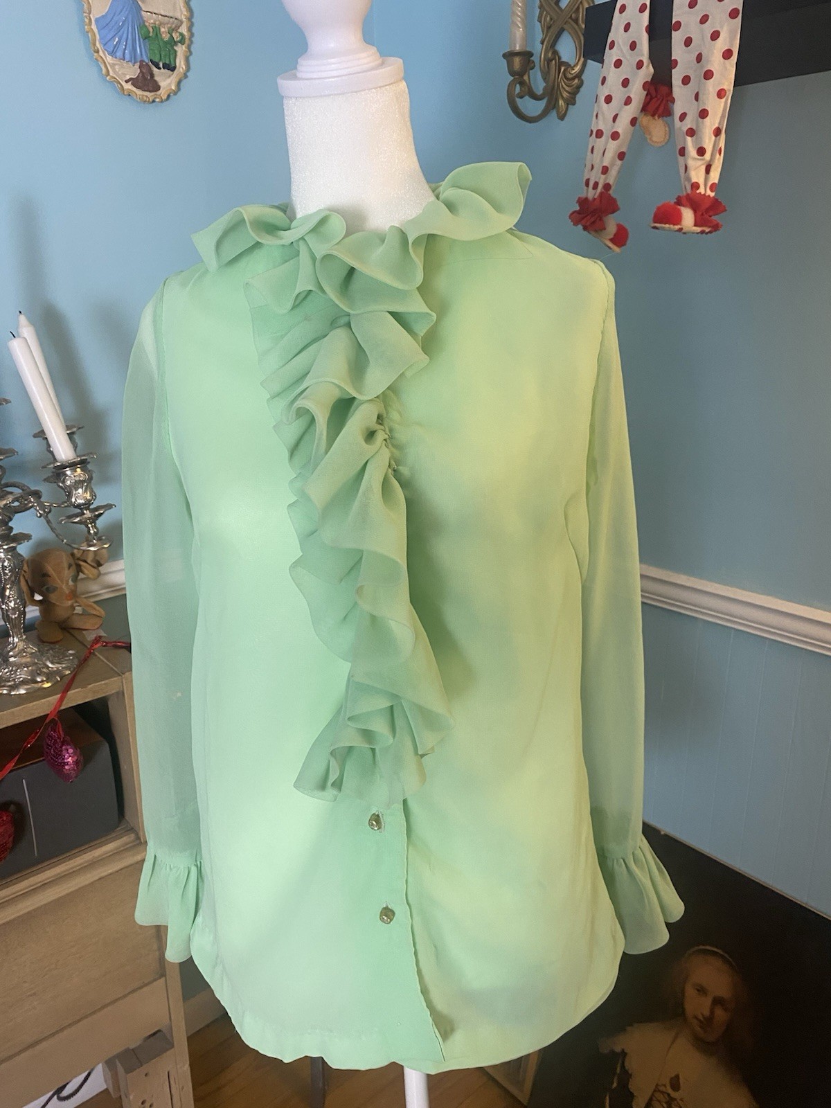 Vtg 70s Lime Green Blouse