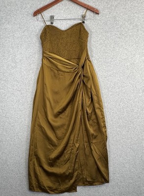 Mustard Seed Gold Smocked Bodice Spaghetti Strap Midi Dress Sz M Draped  Wedding | eBay