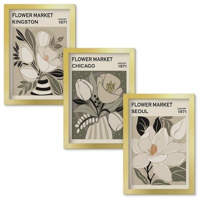 Wandbilder-Set Goldrahmen Blumen Kingston Seoul Chicago Retro 3er 20x30 cm